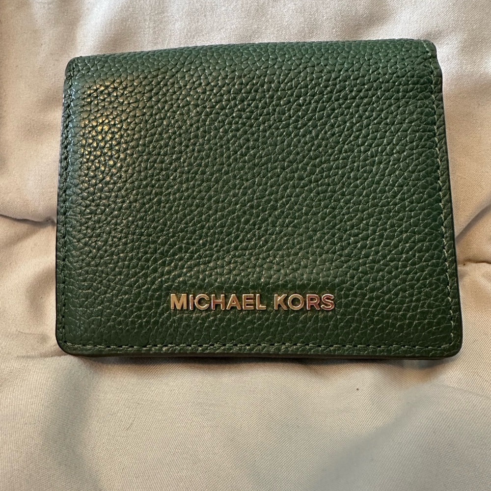 Michael Kors Dark Green Pebbled Leather Card Case with Gold Logo